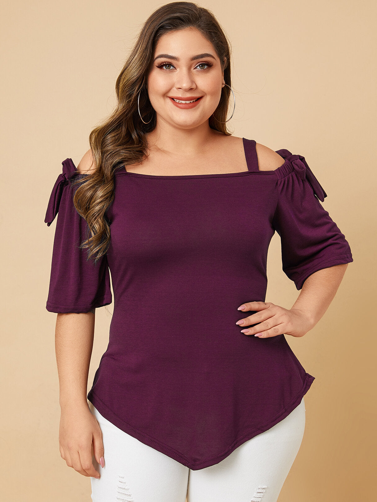 Plus Size Tie-up Design Cold Shoulder Half Sleeve Wild Casual Blouse