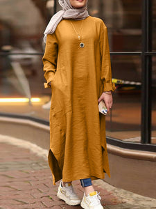 Women Solid Color O-neck Long Sleeves Splited Robe Kaftan Casual Maxi Dress With Pocket