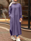 Women Solid Color O-neck Long Sleeves Splited Robe Kaftan Casual Maxi Dress With Pocket