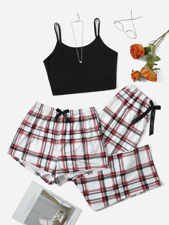 3Pcs Plaid Bow Front PJ Set