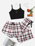 3Pcs Plaid Bow Front PJ Set