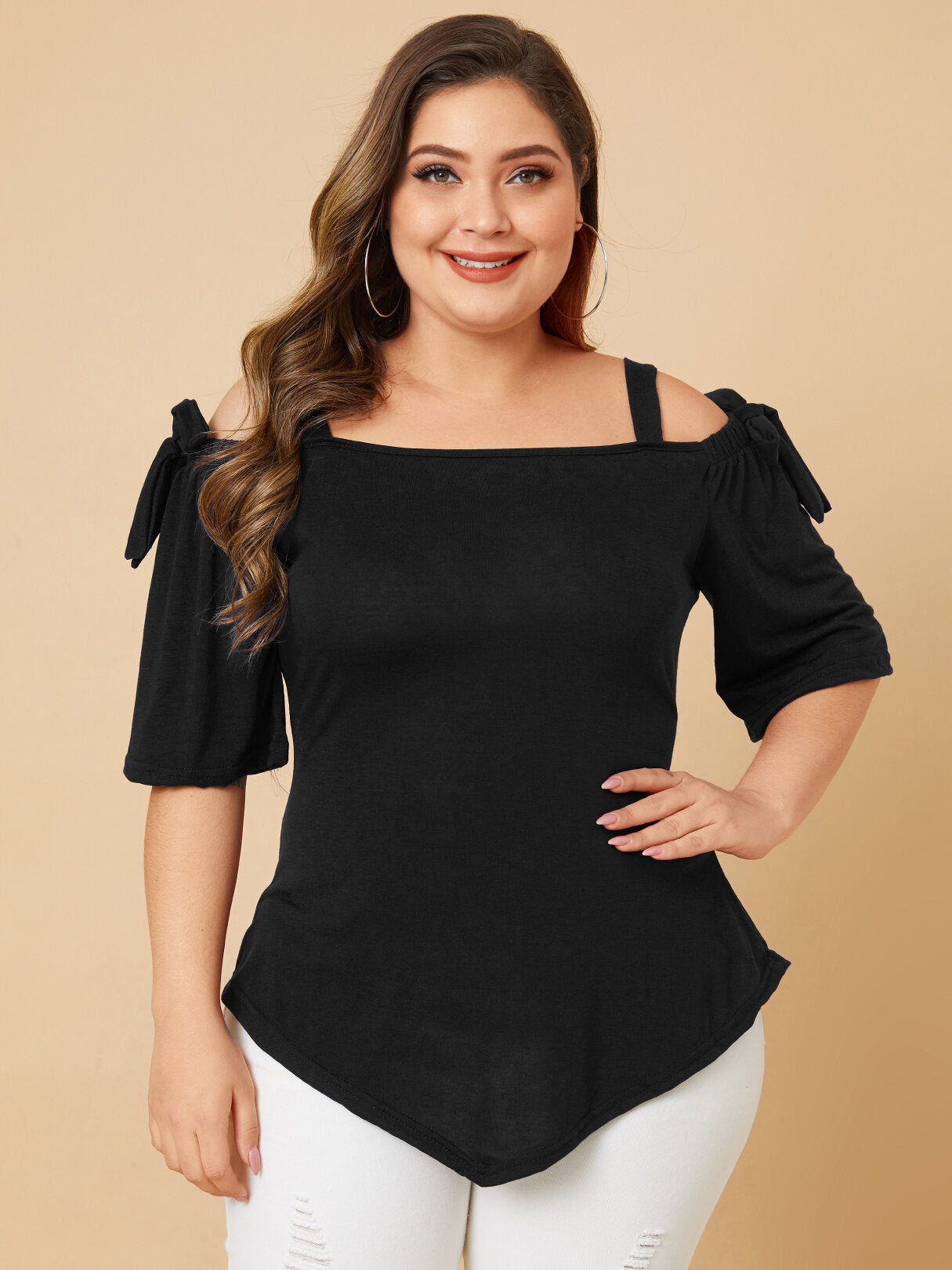 Plus Size Tie-up Design Cold Shoulder Half Sleeve Wild Casual Blouse