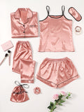 7Pcs Satin Pajama Set with Contrast Binding