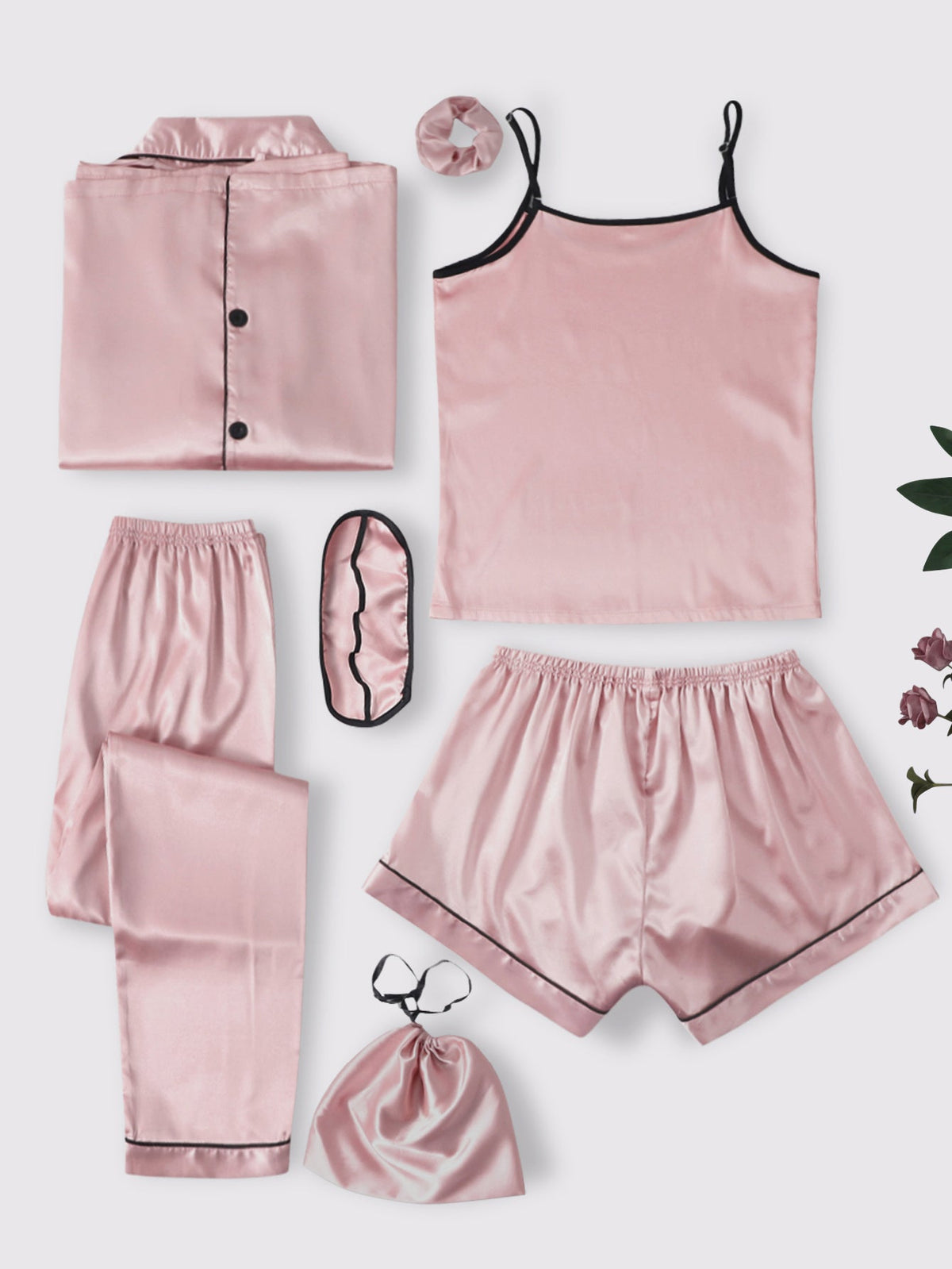 7Pcs Satin Pajama Set with Contrast Binding