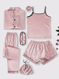 7Pcs Satin Pajama Set with Contrast Binding