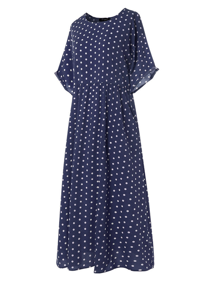 Polka Dot Print Short Sleeve Plus Size Maxi Dress with Pockets