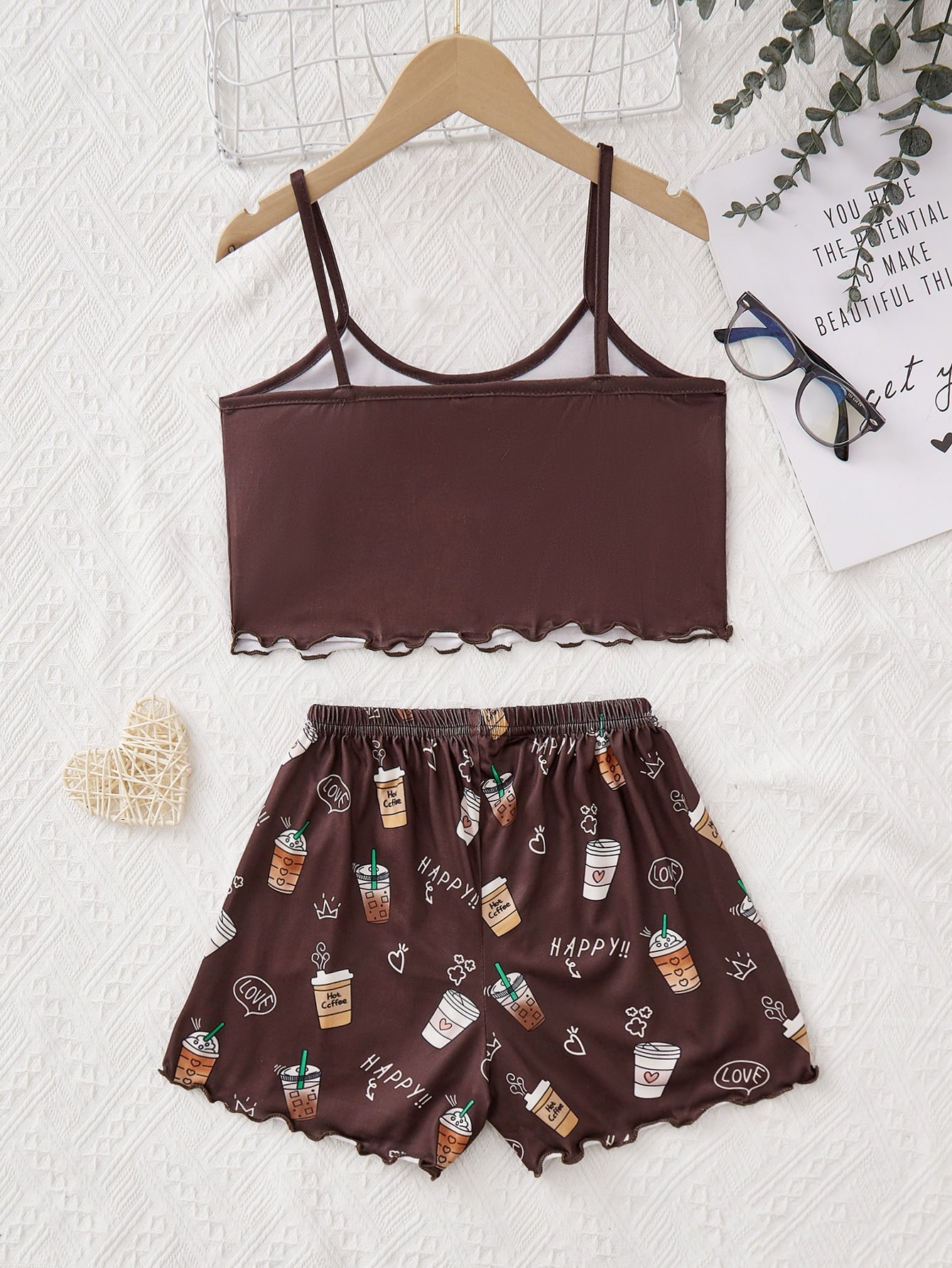Girls Coffee & Letter Graphic Lettuce Trim PJ Set