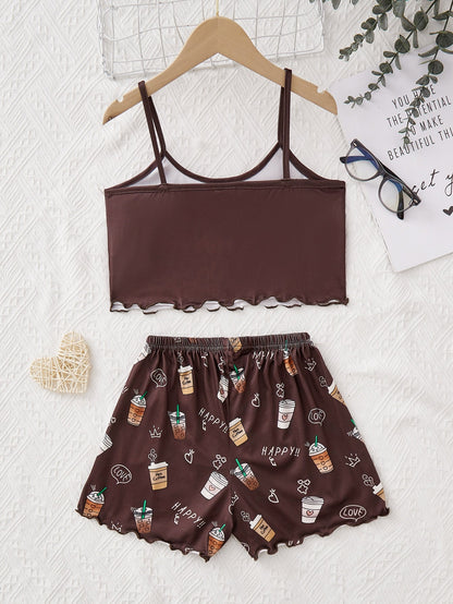Girls Coffee & Letter Graphic Lettuce Trim PJ Set