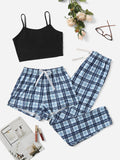 3Pcs Plaid Knot Front Cami PJ Set