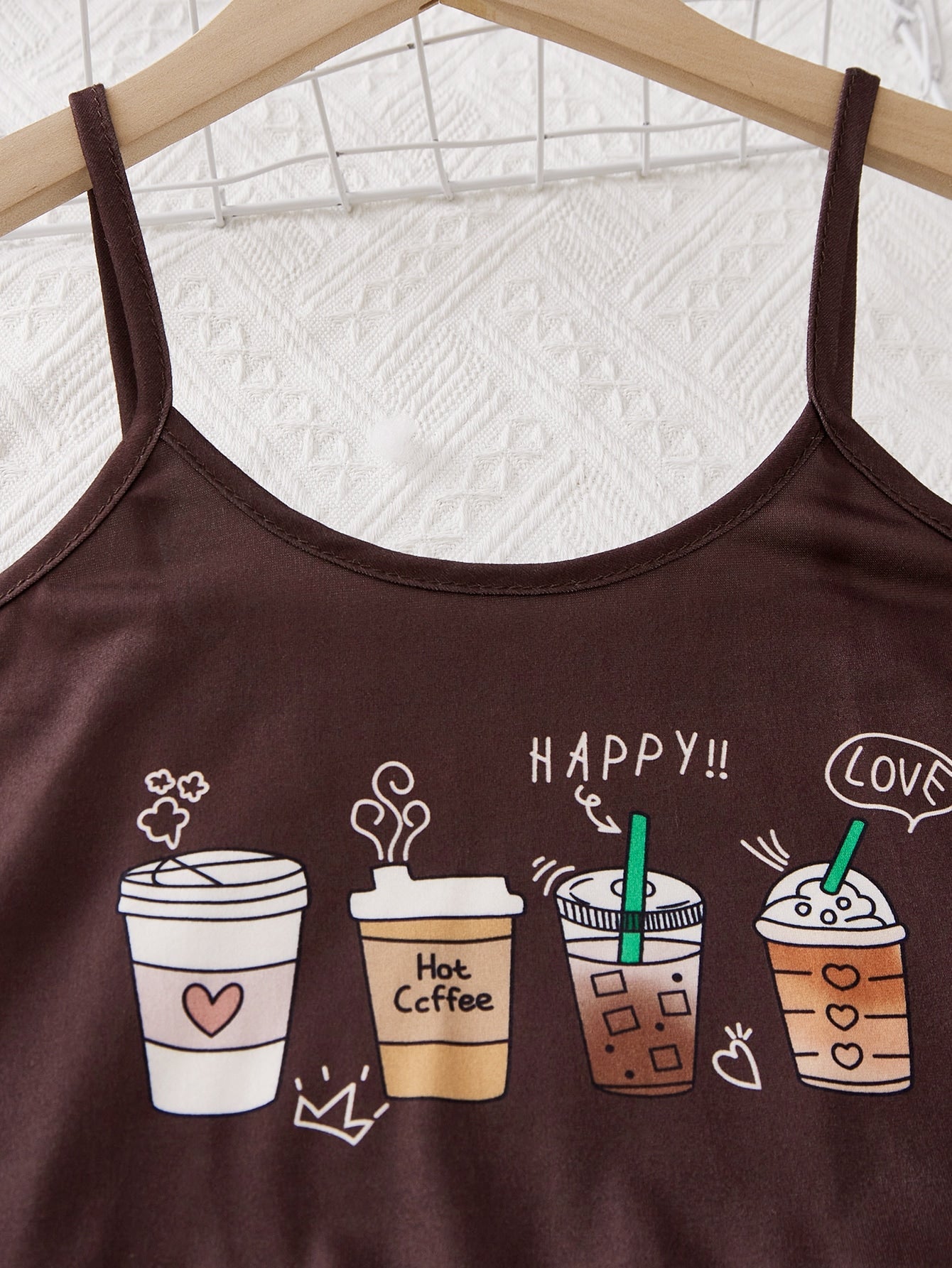 Girls Coffee & Letter Graphic Lettuce Trim PJ Set