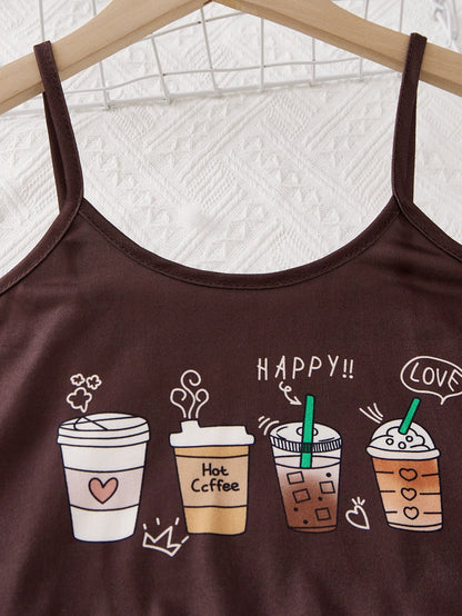 Girls Coffee & Letter Graphic Lettuce Trim PJ Set