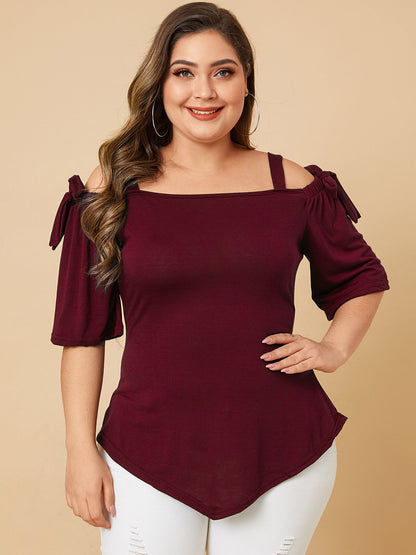 Plus Size Tie-up Design Cold Shoulder Half Sleeve Wild Casual Blouse