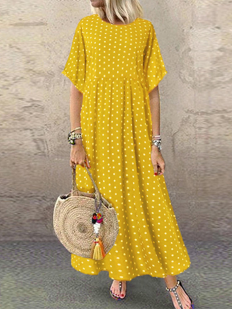 Polka Dot Print Short Sleeve Plus Size Maxi Dress with Pockets