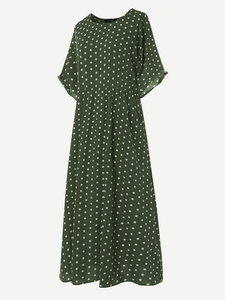 Polka Dot Print Short Sleeve Plus Size Maxi Dress with Pockets