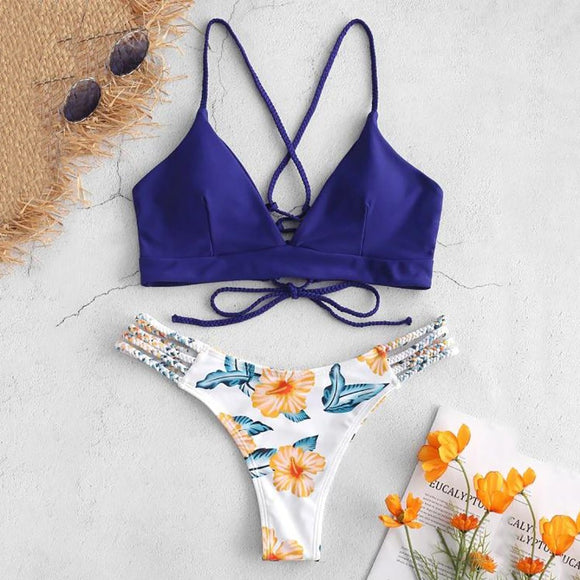 Estorenew 2021 New Fashion Summer Swimwear Women Cut Flower Two Piece Biquini Bikini Push up Cross Bandage Swimsuit Bikini Set Maillot De Bain Femme