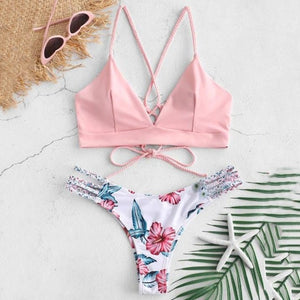 Estorenew 2021 New Fashion Summer Swimwear Women Cut Flower Two Piece Biquini Bikini Push up Cross Bandage Swimsuit Bikini Set Maillot De Bain Femme