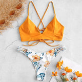 Estorenew 2021 New Fashion Summer Swimwear Women Cut Flower Two Piece Biquini Bikini Push up Cross Bandage Swimsuit Bikini Set Maillot De Bain Femme