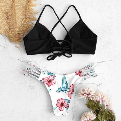 Estorenew 2021 New Fashion Summer Swimwear Women Cut Flower Two Piece Biquini Bikini Push up Cross Bandage Swimsuit Bikini Set Maillot De Bain Femme