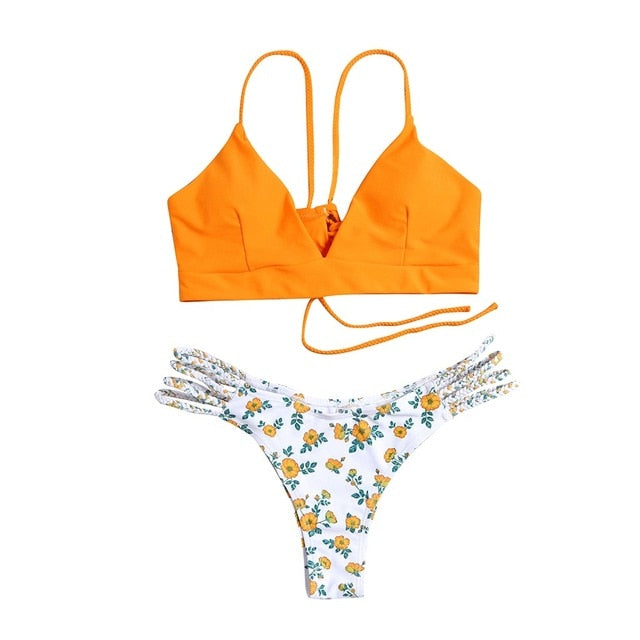 Estorenew 2021 New Fashion Summer Swimwear Women Cut Flower Two Piece Biquini Bikini Push up Cross Bandage Swimsuit Bikini Set Maillot De Bain Femme