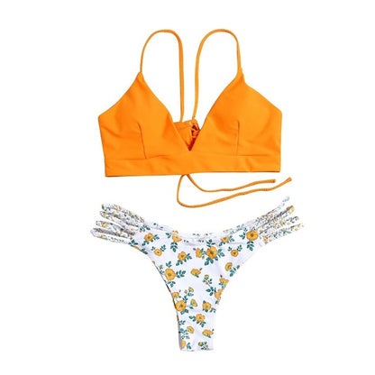 Estorenew 2021 New Fashion Summer Swimwear Women Cut Flower Two Piece Biquini Bikini Push up Cross Bandage Swimsuit Bikini Set Maillot De Bain Femme