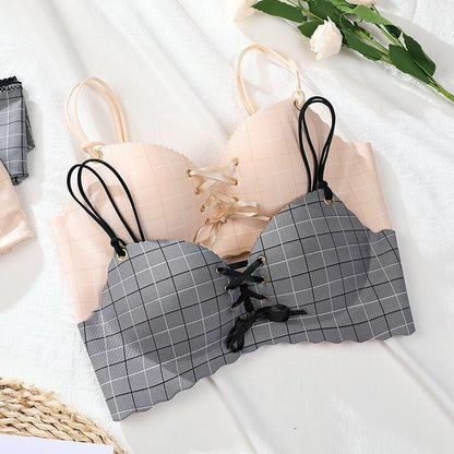 Estorenew Sexy Pink Cup Bras For Women Push Up Lingerie Seamless Bra Wire Free Plaids Bralette Plunge Intimates Female Underwear