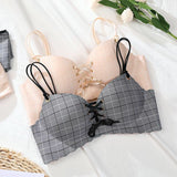 Estorenew Sexy Pink Cup Bras For Women Push Up Lingerie Seamless Bra Wire Free Plaids Bralette Plunge Intimates Female Underwear