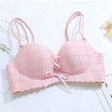 Estorenew Sexy Pink Cup Bras For Women Push Up Lingerie Seamless Bra Wire Free Plaids Bralette Plunge Intimates Female Underwear