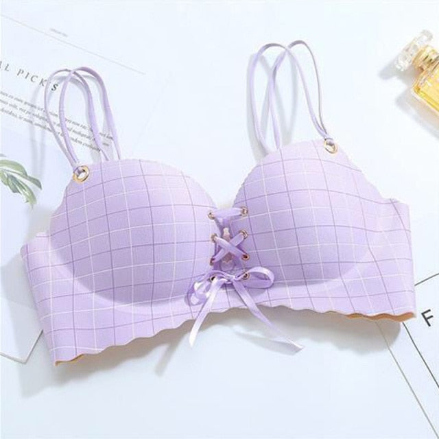 Estorenew Sexy Pink Cup Bras For Women Push Up Lingerie Seamless Bra Wire Free Plaids Bralette Plunge Intimates Female Underwear