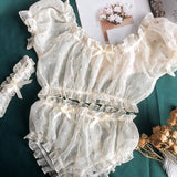 Estorenew Women Sheer Stars Ultra-thin Gauze Ruffles Off Shoulder Sleeve Tops Shorts Leg Ring Underwear Set Temptation Sexy Pajamas