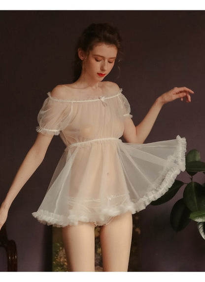 Estorenew Women Sheer Stars Ultra-thin Gauze Ruffles Off Shoulder Sleeve Tops Shorts Leg Ring Underwear Set Temptation Sexy Pajamas