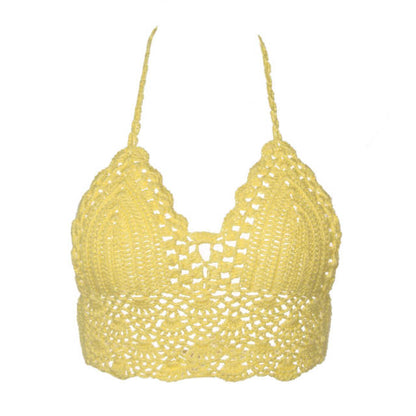 Estorenew New Sexy Bikini Crop Top Women Crochet Boho Beach Camisoles Bikini Bralette Halter Cami Knitted Bra Backless Beachwear Tank Top