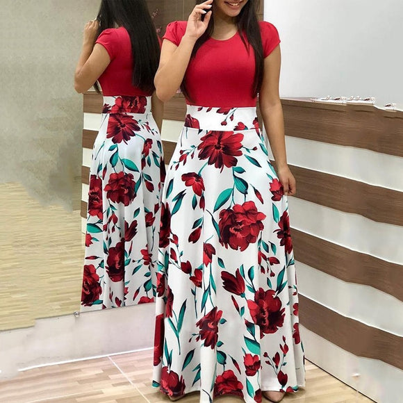 Floral Print O-neck Long Dress Women Summer 2020 New Short Sleeve Robe Casual Elegant Ladies Maxi Dress Plus