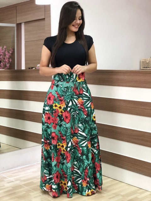 Floral Print O-neck Long Dress Women Summer 2020 New Short Sleeve Robe Casual Elegant Ladies Maxi Dress Plus
