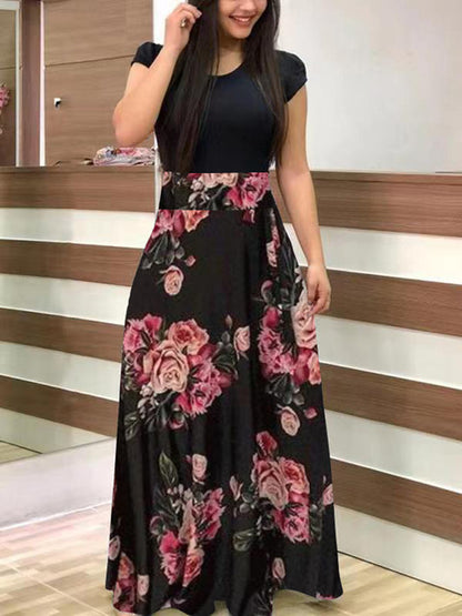 Floral Print O-neck Long Dress Women Summer 2020 New Short Sleeve Robe Casual Elegant Ladies Maxi Dress Plus