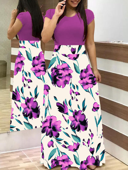 Floral Print O-neck Long Dress Women Summer 2020 New Short Sleeve Robe Casual Elegant Ladies Maxi Dress Plus