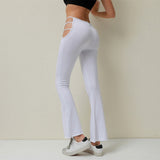 Estorenew Women Solid Color Sexy Cut Out Pants Slim Fitness Cotton Pants Hollow Out Flare Pants Streetwear Bell Bottom Pants Trousers Low