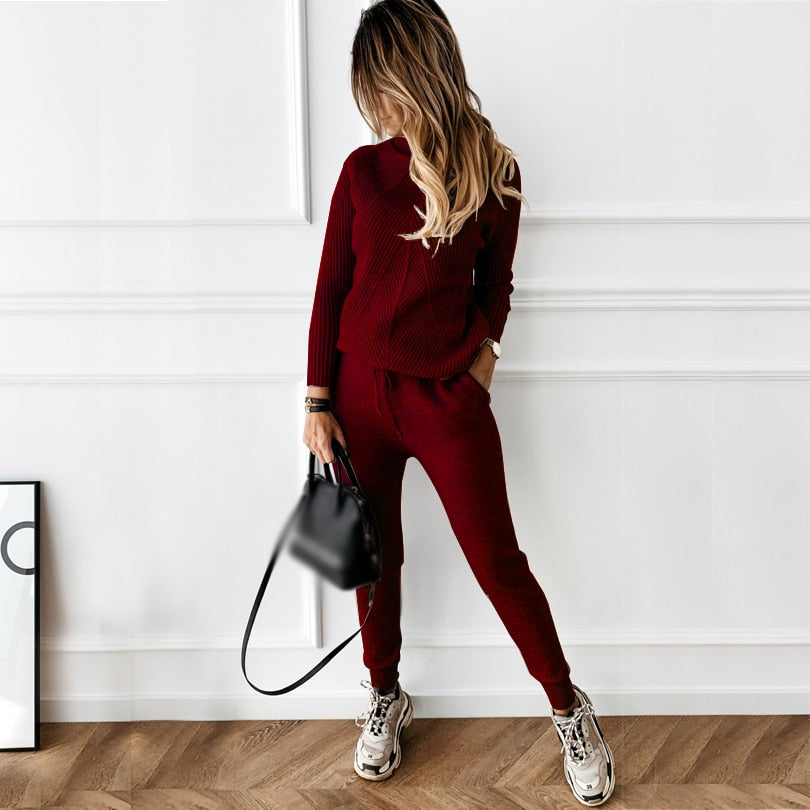 Autumn Winter Women's tracksuit Solid Color Striped Turtleneck Sweater and Elastic Trousers Suits Knitted Two Piece Set Estoreneww