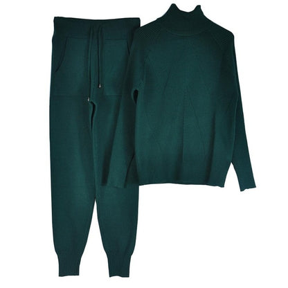 Autumn Winter Women's tracksuit Solid Color Striped Turtleneck Sweater and Elastic Trousers Suits Knitted Two Piece Set Estoreneww