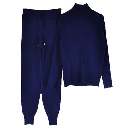 Autumn Winter Women's tracksuit Solid Color Striped Turtleneck Sweater and Elastic Trousers Suits Knitted Two Piece Set Estoreneww