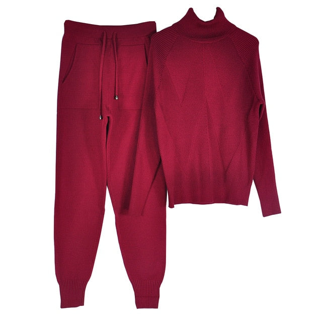 Autumn Winter Women's tracksuit Solid Color Striped Turtleneck Sweater and Elastic Trousers Suits Knitted Two Piece Set Estoreneww