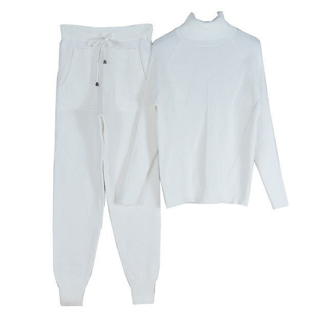 Autumn Winter Women's tracksuit Solid Color Striped Turtleneck Sweater and Elastic Trousers Suits Knitted Two Piece Set Estoreneww