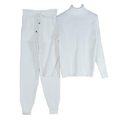Autumn Winter Women's tracksuit Solid Color Striped Turtleneck Sweater and Elastic Trousers Suits Knitted Two Piece Set Estoreneww