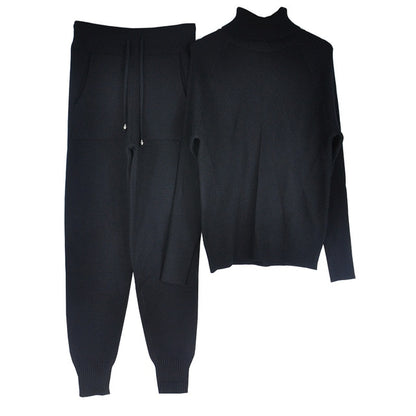 Autumn Winter Women's tracksuit Solid Color Striped Turtleneck Sweater and Elastic Trousers Suits Knitted Two Piece Set Estoreneww