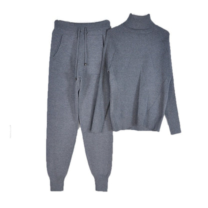 Autumn Winter Women's tracksuit Solid Color Striped Turtleneck Sweater and Elastic Trousers Suits Knitted Two Piece Set Estoreneww