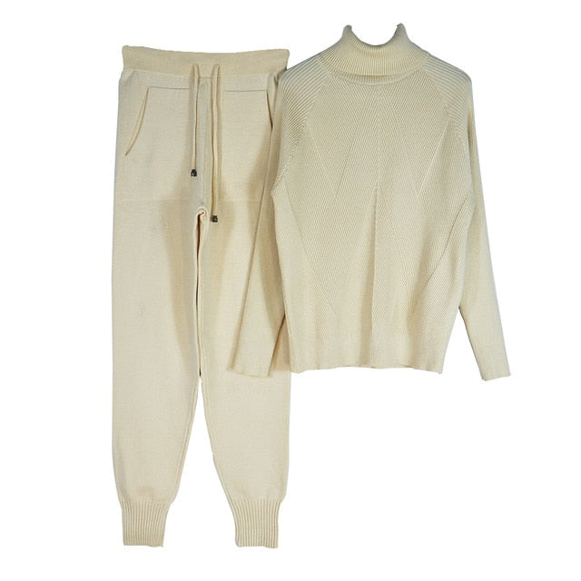 Autumn Winter Women's tracksuit Solid Color Striped Turtleneck Sweater and Elastic Trousers Suits Knitted Two Piece Set Estoreneww