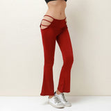 Estorenew Women Solid Color Sexy Cut Out Pants Slim Fitness Cotton Pants Hollow Out Flare Pants Streetwear Bell Bottom Pants Trousers Low