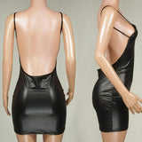 Estorenew Sexy Faux Leather Dress Backless Club Party Short Dress Solid Black Wet Look Latex Bodycon Push Up Bra Mini Micro Dress