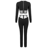 Estorenew 2021 Women Clothing Set Sexy Long Sleeve Mesh Black Bodycon Bandage Two Pieces Set Celebrity High Street Party Crop Tops Pants