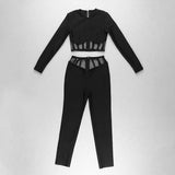 Estorenew 2021 Women Clothing Set Sexy Long Sleeve Mesh Black Bodycon Bandage Two Pieces Set Celebrity High Street Party Crop Tops Pants