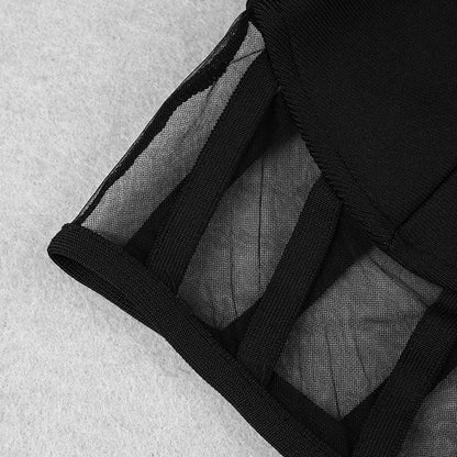 Estorenew 2021 Women Clothing Set Sexy Long Sleeve Mesh Black Bodycon Bandage Two Pieces Set Celebrity High Street Party Crop Tops Pants